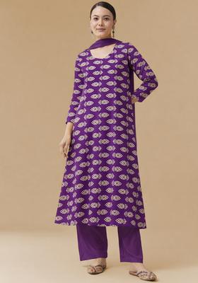 Deep Purple Poly Blend Printed Anarkali Set