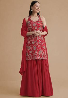 Red Tissue Embroidered Sharara Set