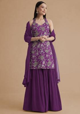 Purple Tissue Printed Sharara Set
