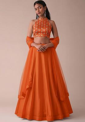 Orange Silk Blend Lehenga Set With Embroidered Blouse
