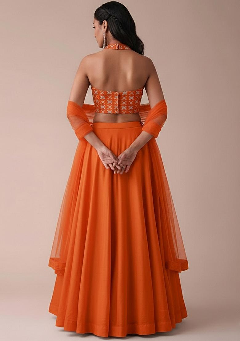 Orange Silk Blend Lehenga Set With Embroidered Blouse - Indya