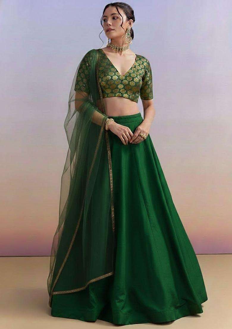 Green Brocade Lehenga Set With Embroidered Blouse - Indya