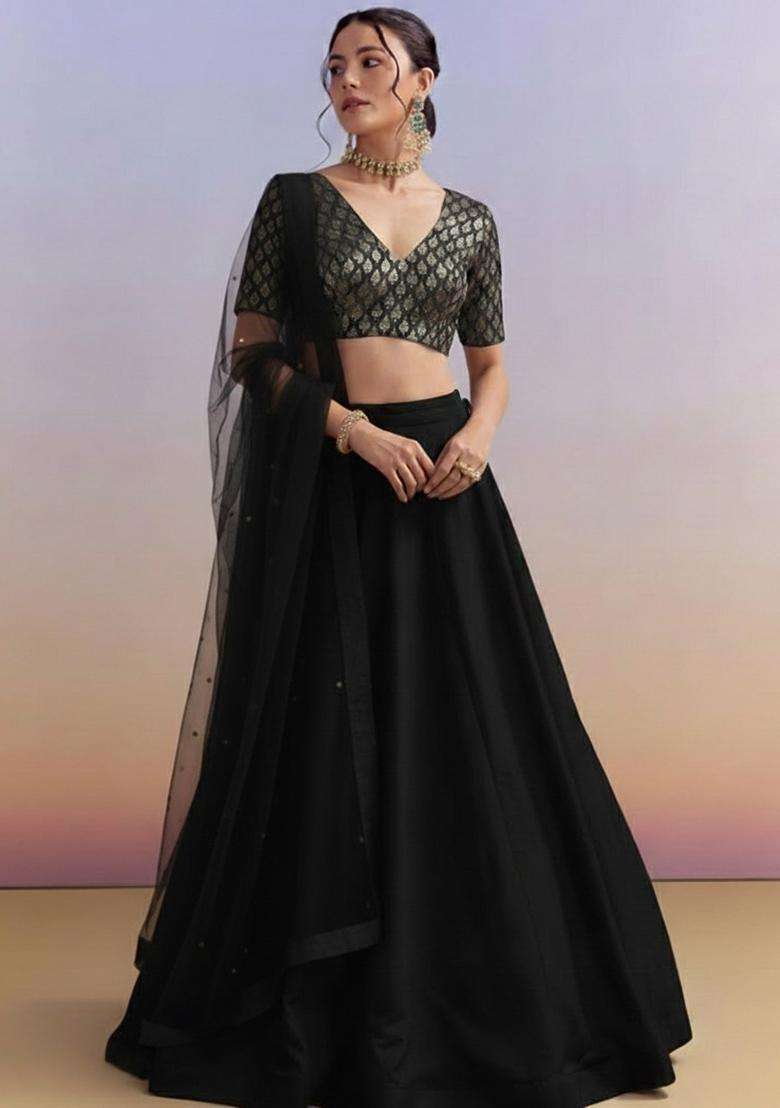 Black Brocade Lehenga Set With Embroidered Blouse - Indya