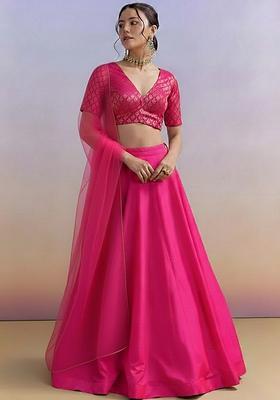 Pink Brocade Lehenga Set With Embroidered Blouse