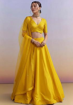 Yellow Brocade Lehenga Set With Embroidered Blouse
