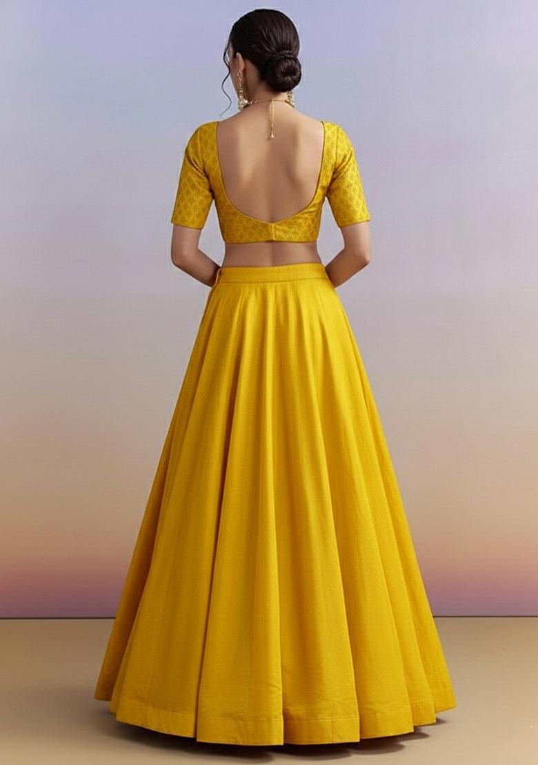 Yellow Brocade Lehenga Set With Embroidered Blouse - Indya