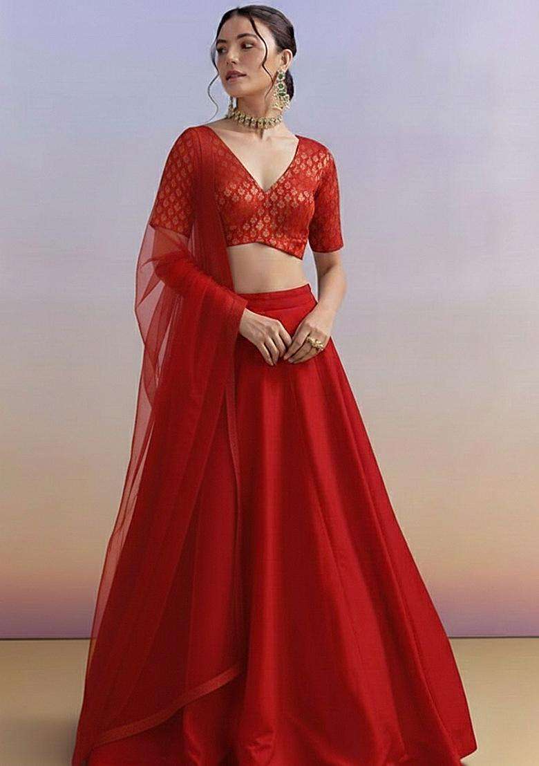 Red Brocade Lehenga Set With Embroidered Blouse - Indya