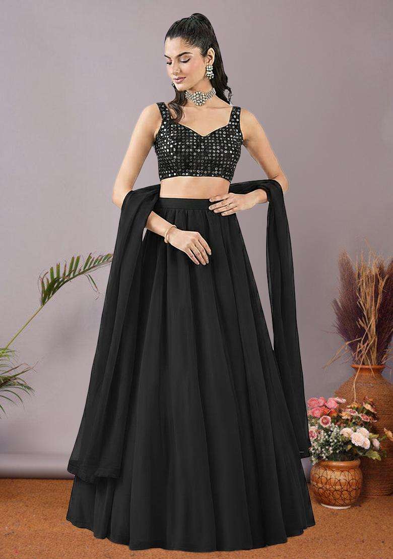 Black Net Lehenga Set With Sequin Blouse - Indya