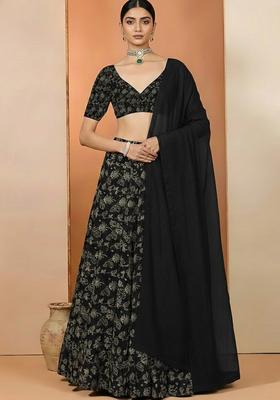 Black Net Printed Lehenga Set