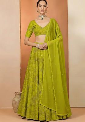Leaf Green Chinon Lehenga Set With Sequin Blouse