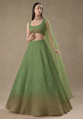 Olive Green Tissue Soild Lehenga Set