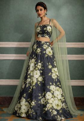 Deep Grey Crepe Abstract Print Lehenga Set