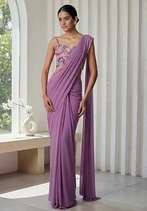 Purple Crepe Pre Draped Saree Set With Floral Printed Blouse