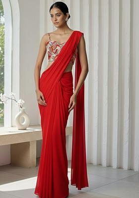 Red Crepe Pre Draped Saree Set With Floral Printed Blouse