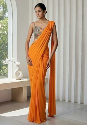 Orange Crepe Pre Draped Saree Set With Floral Printed Blouse