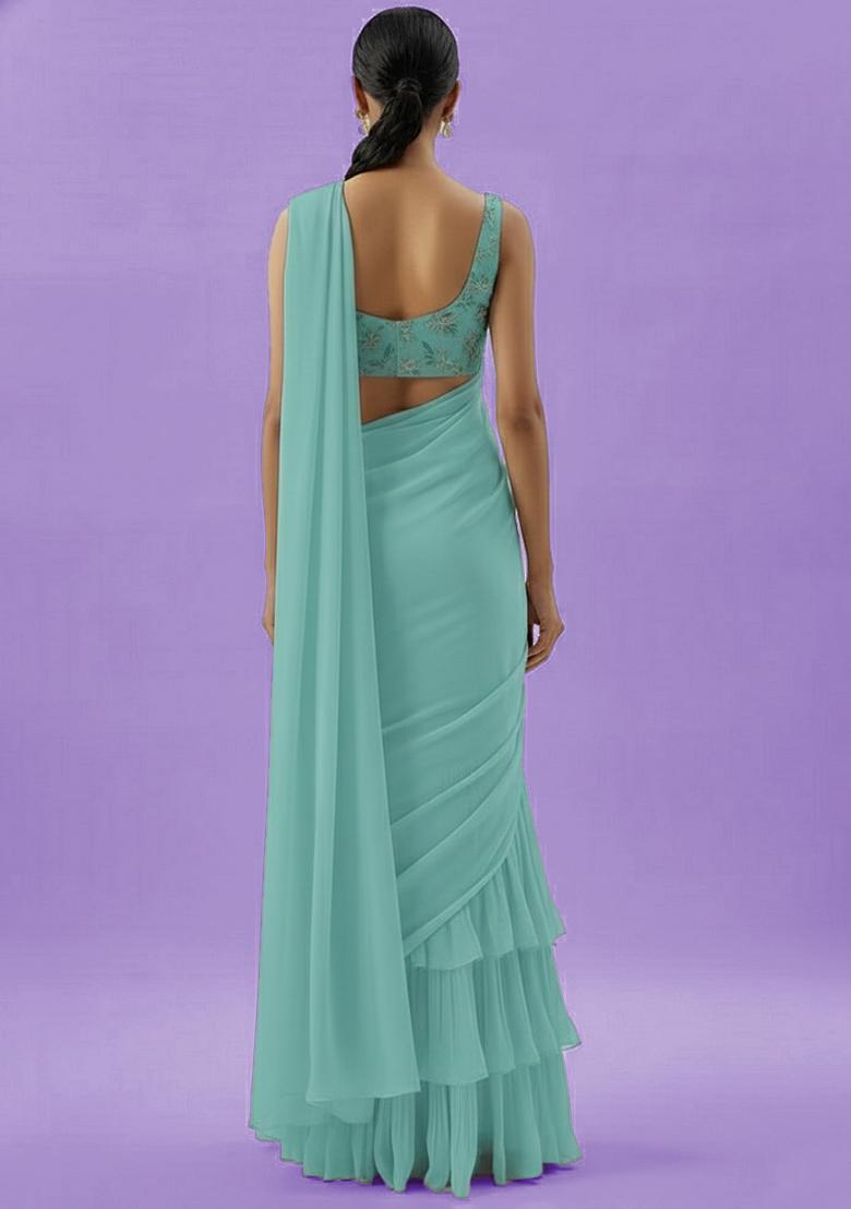 Sky Blue Crepe Pre Draped Saree Set With Embroidered Blouse - Indya