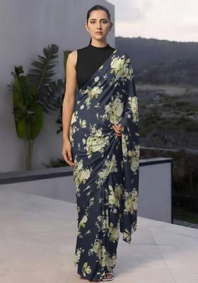 Charcoal Grey Crepe Abstract Print Pre Draped Saree Set