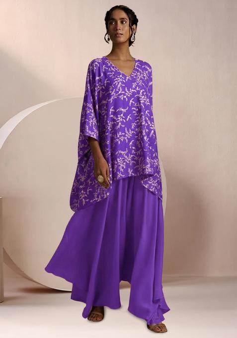 Purple Embroidered Crepe Fusion Set