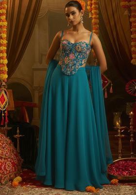 Teal Blue Floral Print Crepe Fusion Set