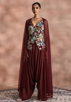 Deep Maroon Floral Print Crepe Fusion Set