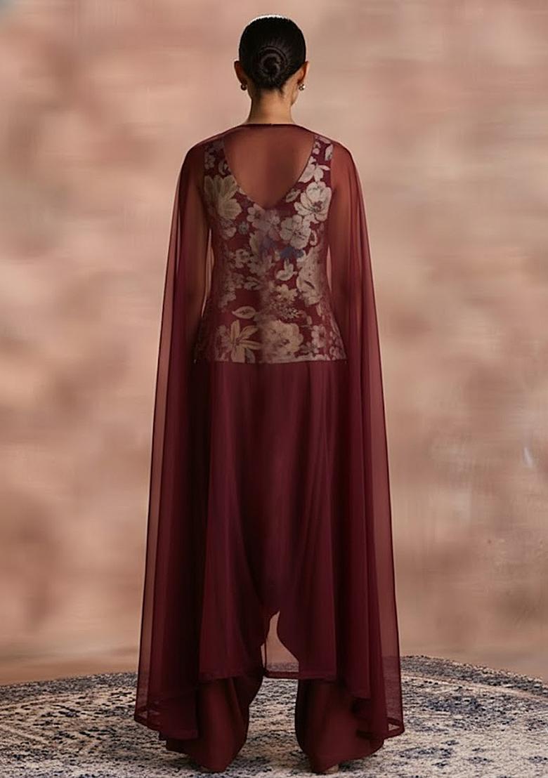 Deep Maroon Floral Print Crepe Fusion Set - Indya