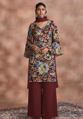 Deep Maroon Floral Print Crepe Straight Kurta Set