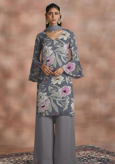 Dusty Blue Floral Print Crepe Straight Kurta Set