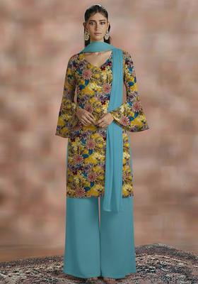 Blue Floral Print Crepe Straight Kurta Set