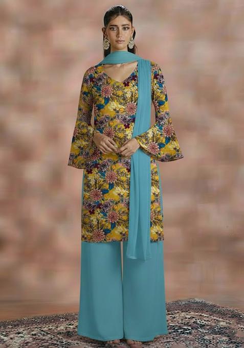 Blue Floral Print Crepe Straight Kurta Set