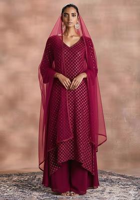 Berry Wine Sequin Work Velvet Straight Kurta Set