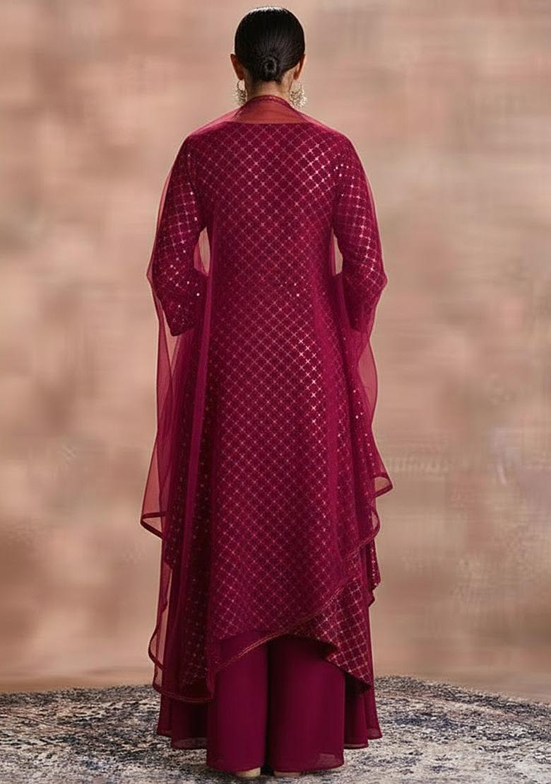 Berry Wine Sequin Work Velvet Straight Kurta Set - Indya