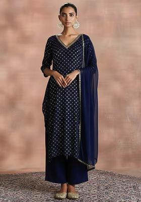 Navy Blue Sequin Work Velvet Straight Kurta Set