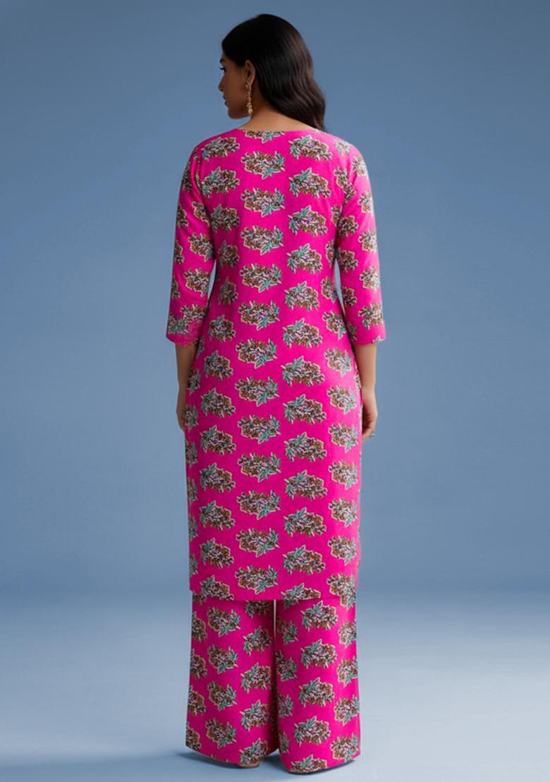 Rani Pink Floral Print Poplin Straight Kurta Set - Indya