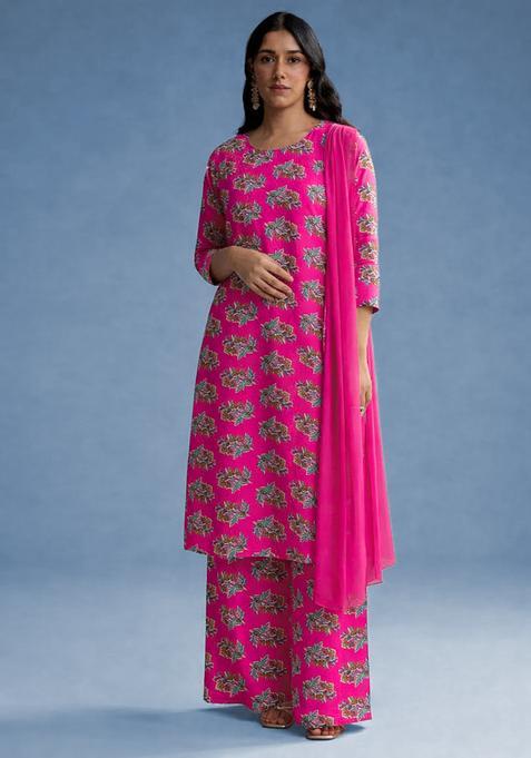 Rani Pink Floral Print Poplin Straight Kurta Set