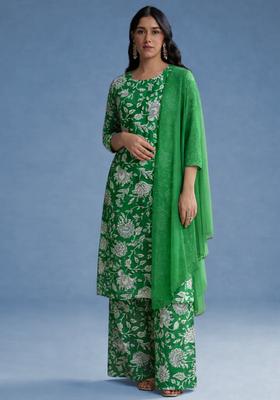 Bottle Green Floral Print Poplin Straight Kurta Set