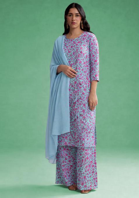Aqua Blue Floral Print Poplin Straight Kurta Set