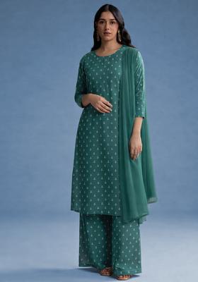 Teal Green Printed Poplin Straight Kurta Set