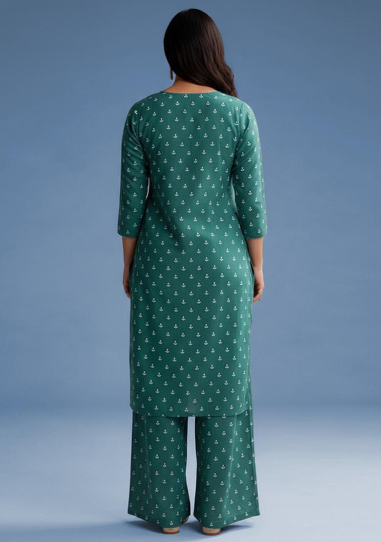 Teal Green Printed Poplin Straight Kurta Set - Indya