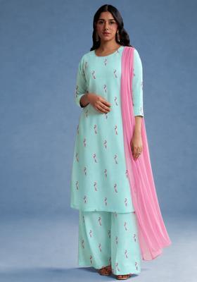 Sky Blue Embroidered Poplin Straight Kurta Set