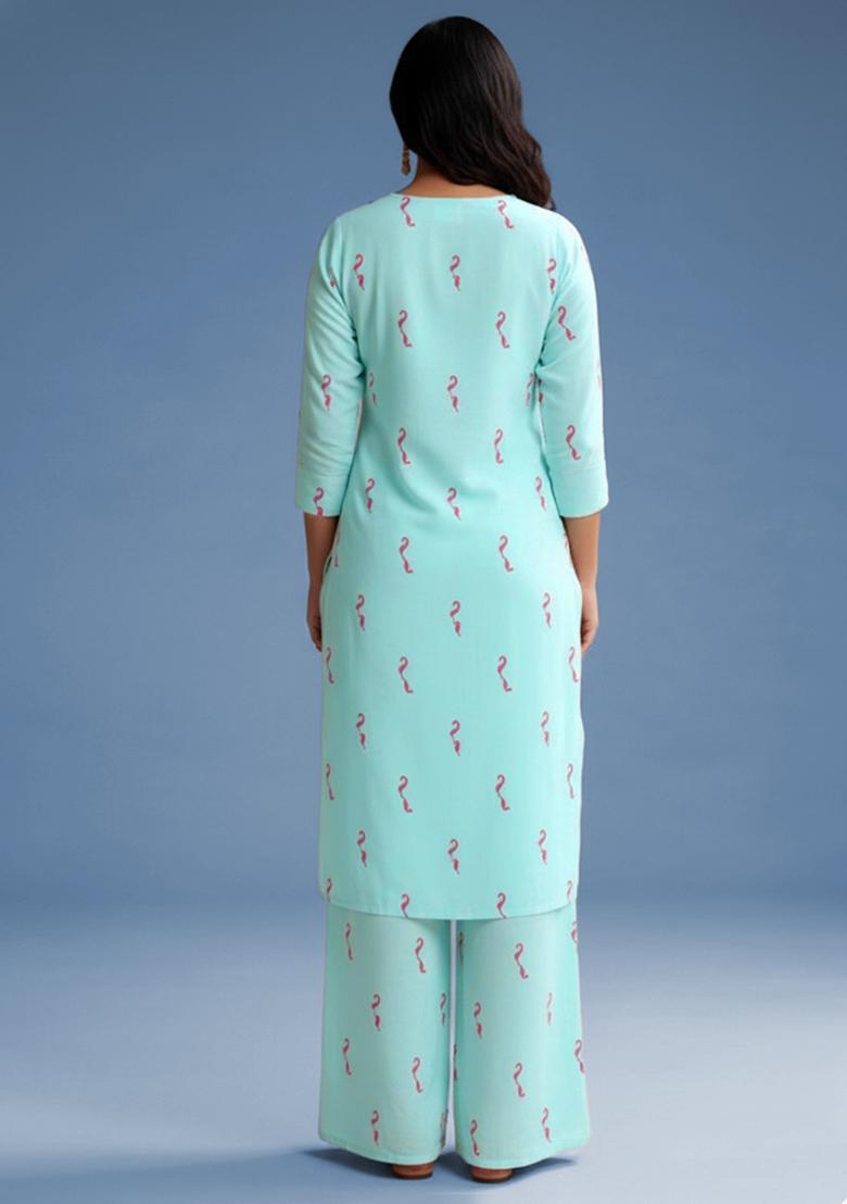 Sky Blue Embroidered Poplin Straight Kurta Set - Indya