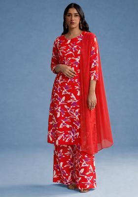 Red Floral Print Poplin Straight Kurta Set
