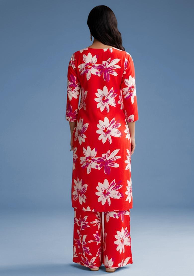 Red Floral Print Poplin Straight Kurta Set - Indya