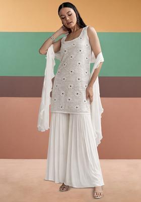 White Embroidered Chanderi Sharara Set