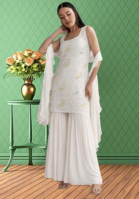 White Embroidered Chanderi Sharara Set