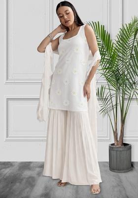 White Embroidered Chanderi Sharara Set