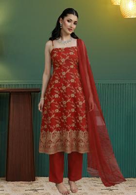 Red Embroidered Tissue Straight Kurta Set