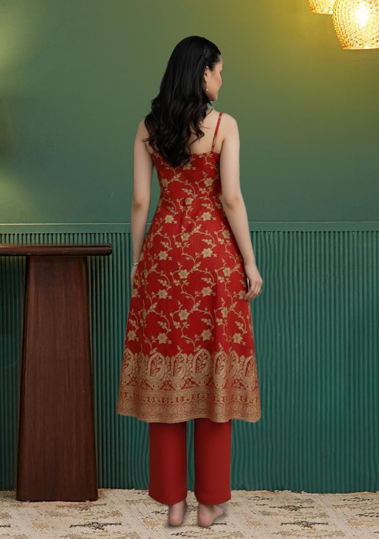 Red Embroidered Tissue Straight Kurta Set - Indya