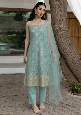 Sky Blue Embroidered Tissue Pakistani Suit Set