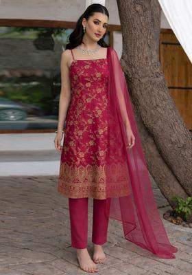 Rani Pink Embroidered Tissue Pakistani Suit Set
