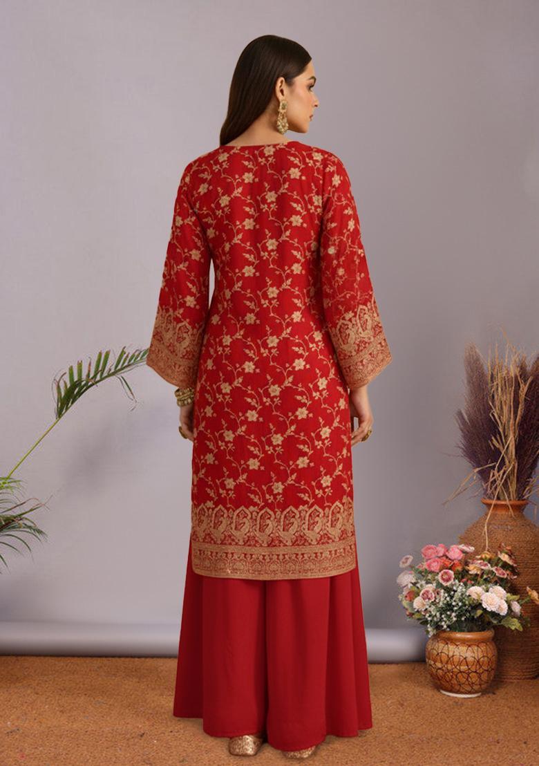 Red Zari Tissue Sharara Set - Indya
